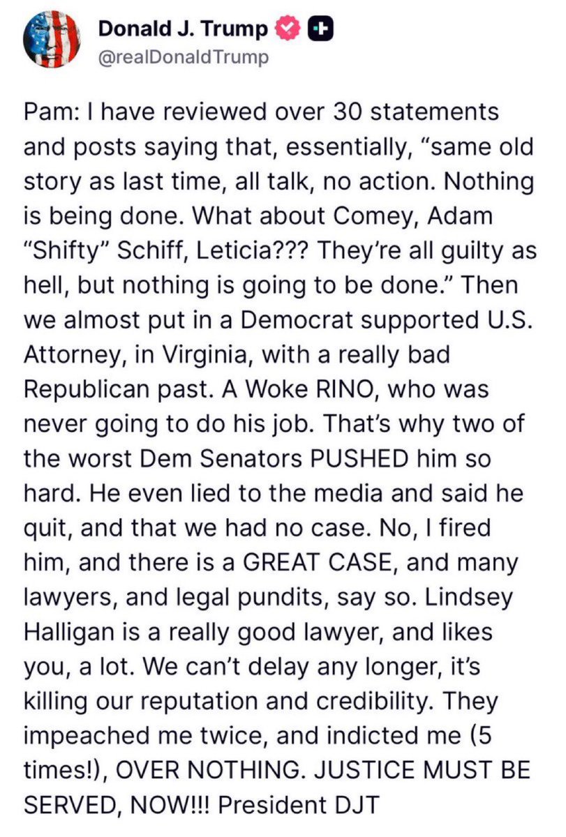 RealAlexJones's tweet image. As I first reported 4 months ago Trump is preparing to remove not only AG Pam Bondi,
but ALL of the cowardly leadership at the Justice Department and FBI that refuse to do their job.

Trump’s post on Truth Social excoriating Bondi was no mistake. America needs a bulldog that will…