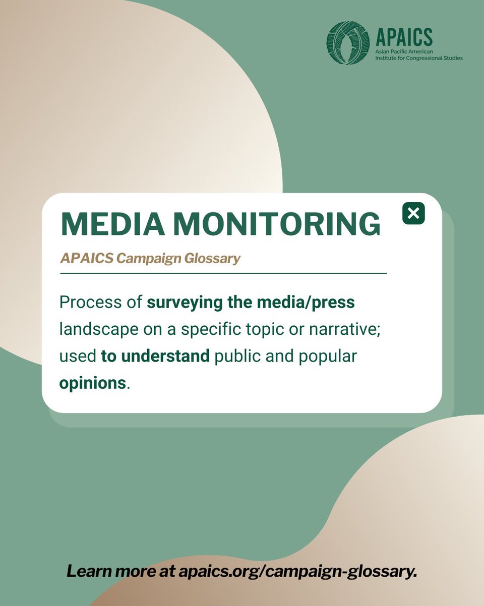 APAICS's tweet image. 💡Campaign Word of the Week: Media Monitoring
Curious about more campaign terms? We’re breaking them down one word at a time.
🔗 Explore more in our full Campaign Glossary: apaics.org/campaign-gloss….
#APAICSLeads #CampaignGlossary