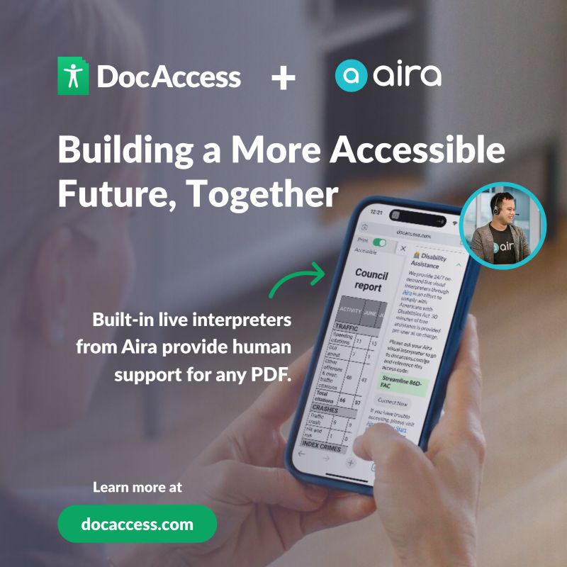 airaio's tweet image. Online platforms can be a huge hurdle to #Access. Now, with Aira built into Streamline&apos;s DocAccess, anyone accessing a public PDF can instantly connect with a live interpreter directly! #AccessibleTechnology #AccessForAll 

Learn more docaccess.com/blog/docaccess…