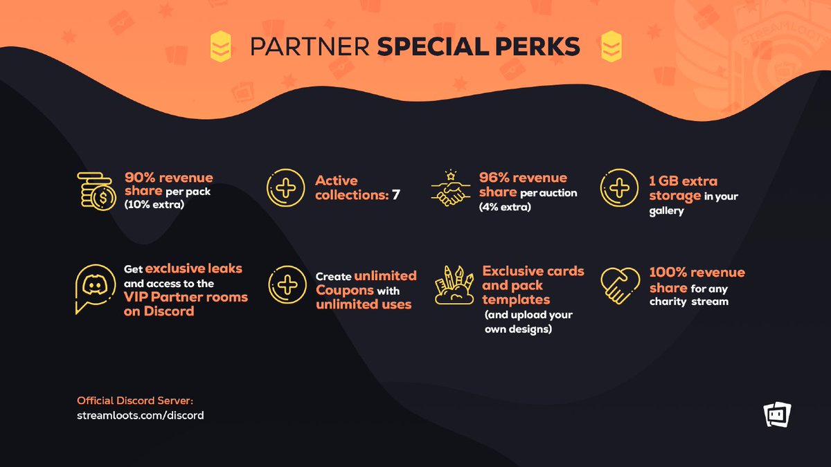 Becoming a Streamloots Partner is a mission with great rewards 👀

Not only do you get to keep 90% of each packs sale, but you'll also gain access to many more benefits ⬇️