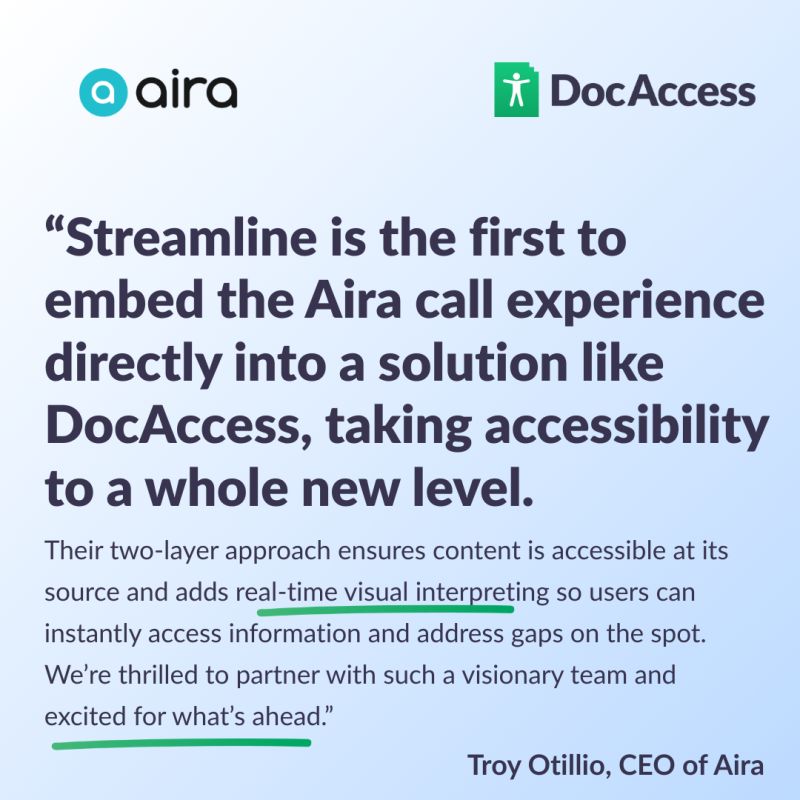 airaio's tweet image. Online platforms can be a huge hurdle to #Access. Now, with Aira built into Streamline&apos;s DocAccess, anyone accessing a public PDF can instantly connect with a live interpreter directly! #AccessibleTechnology #AccessForAll 

Learn more docaccess.com/blog/docaccess…