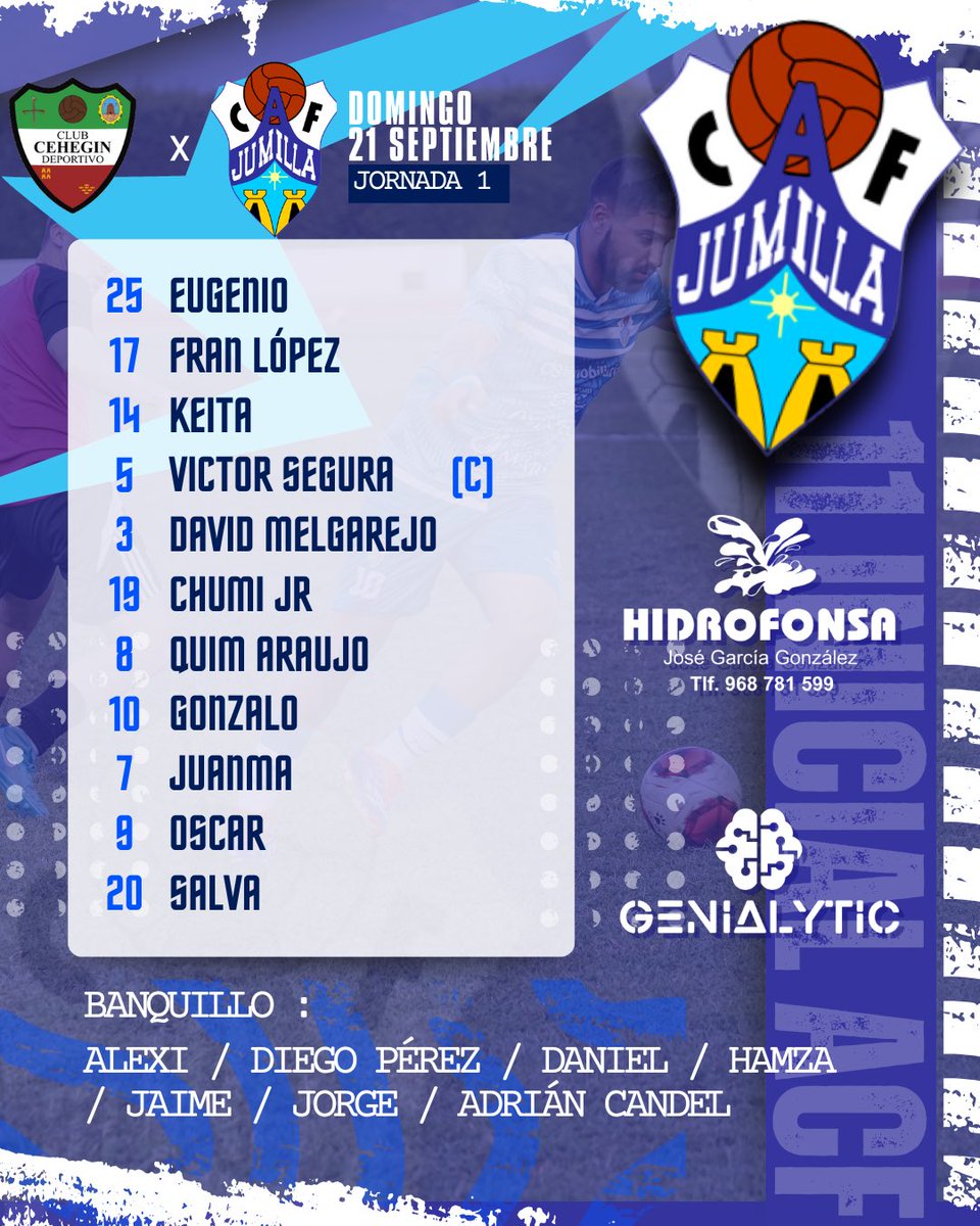 📝⚽️ Con este 11 inicial arrancamos el partido y la temporada en Cehegín.

🙌 ¡Vamos equipo a por la victoria!

#JumillaDSInmobiliaria #Jumilla #Fútbol #OnceTitular
