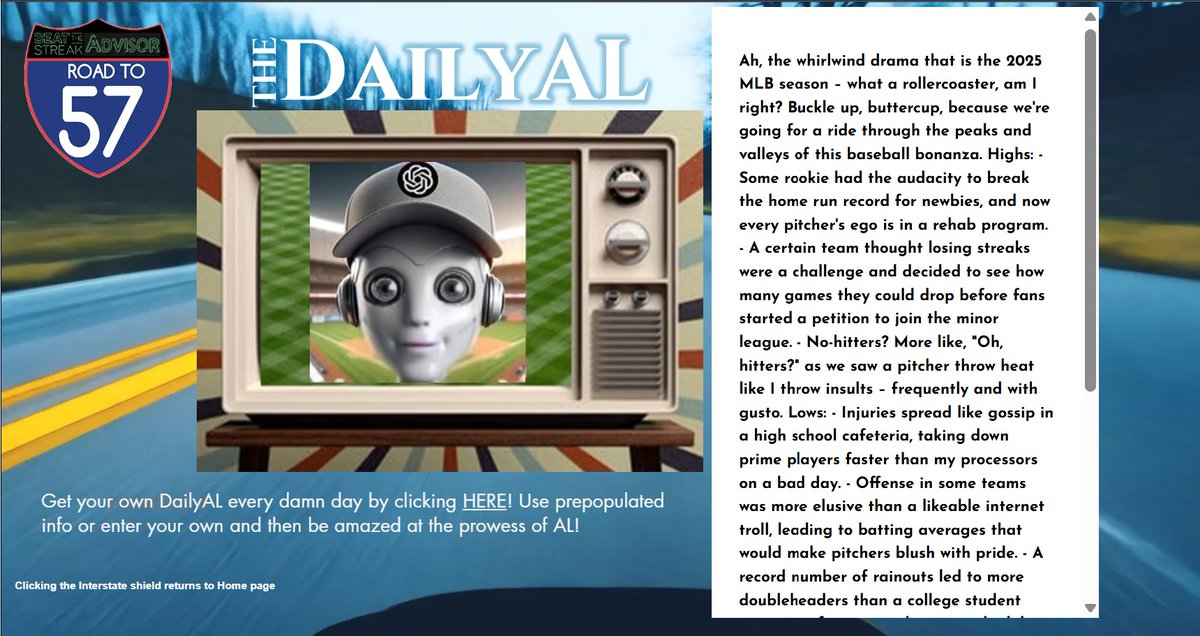 BTSAdvisor's tweet image. In today's final installment before working on his off-season tan, AL takes a stroll down memory lane from the 2025 season.
dailyal.btsa.info
#mlb #beatthestreak
signup.btsa.info