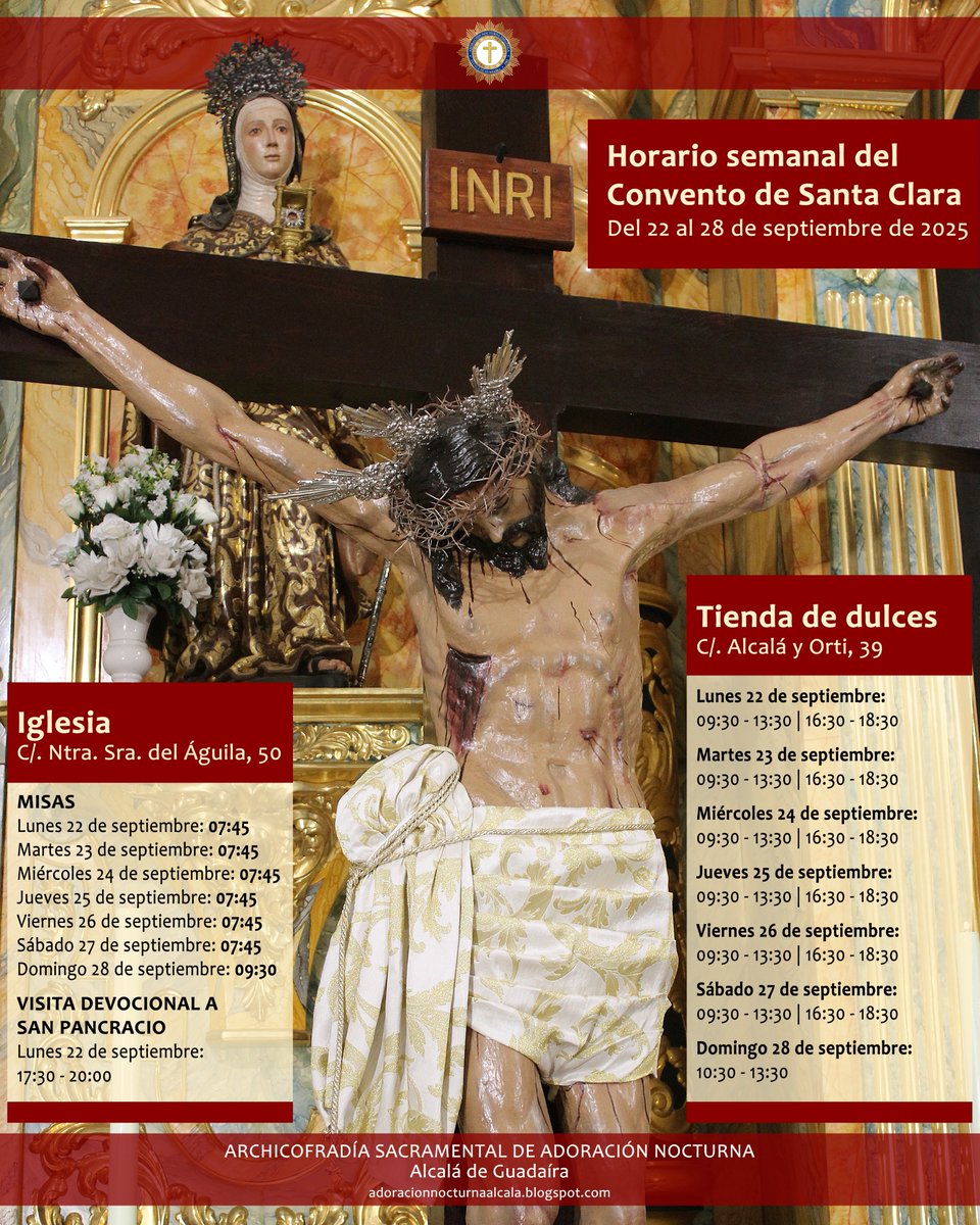 Anunciamos el horario semanal del Convento de Santa Clara.

Asimismo, os animamos a leer la Palabra del Señor para el día de hoy, Fiesta de San Mateo, Apóstol y Evangelista, Patrón de Alcalá.

instagram.com/p/DO3rW4cjImt/…

Stmo. Cristo de la Vera Cruz,
ten piedad de nosotros.