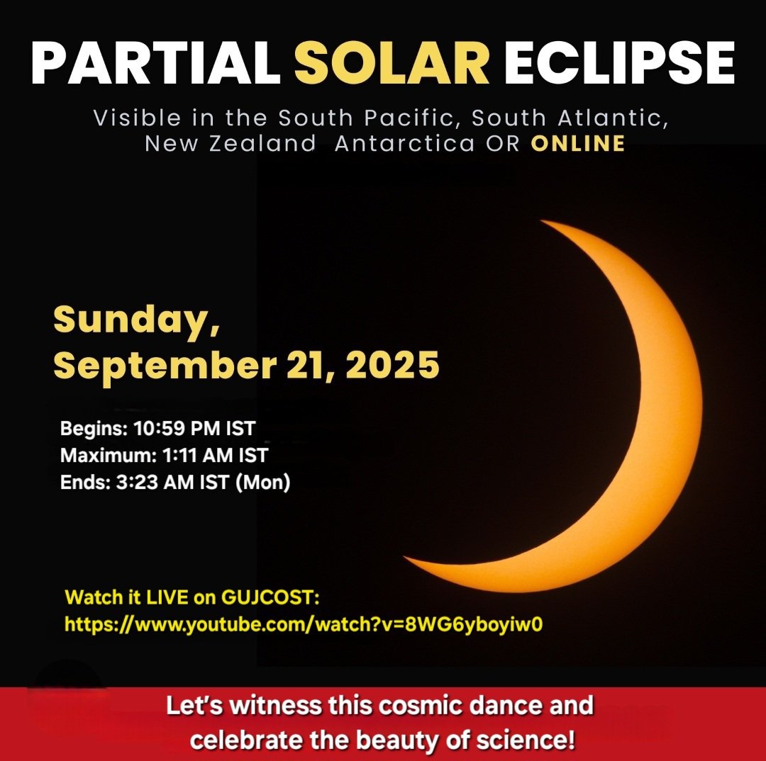 narottamsahoo's tweet image. Tonight, the skies bring us a Partial #SolarEclipse visible in the #Southern Hemisphere!
🕙 Begins: 10:59 PM IST
🌑 Maximum: 1:11 AM IST
🌅 Ends: 3:23 AM IST (Mon)
Uniquely, this #eclipse occurs just a day before the September #Equinox.
Watch it LIVE on @InfoGujcost Channel:…