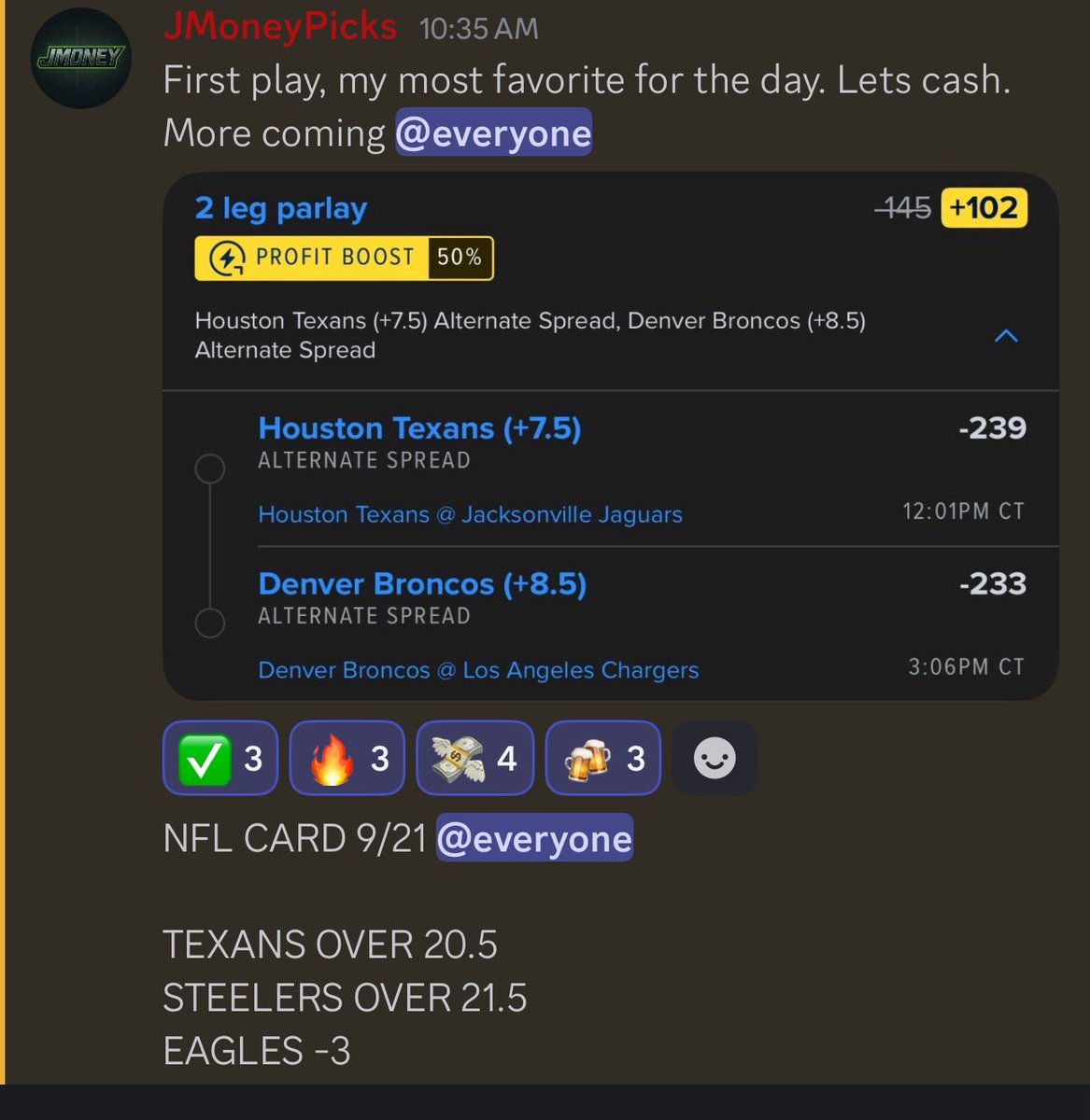 Oddsmensports's tweet photo. π¨ FREE NFL CARD π¨
JMoneyβs favorite play of the day + his full Sunday card π
π’ Texans +7.5
π’ Broncos +8.5
π’ Texans TT Over 20.5
π’ Steelers TT Over 21.5
π’ Eagles -3
Letβs cash out π»π° #NFL #Oddsmen https://t.co/tj2MuGbcnu