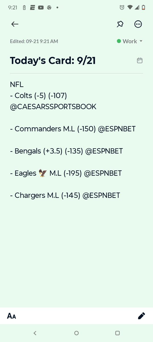 📋 Today’s NFL Card – Sept 21
🏈 Colts -5 (-107) @CaesarsSportsbook
🏈 Commanders ML (-150) <a href="/ESPNBET/">ESPN BET</a>
🏈 Bengals +3.5 (-135) <a href="/ESPNBET/">ESPN BET</a>
🏈 Eagles 🦅 ML (-195) <a href="/ESPNBET/">ESPN BET</a>
🏈 Chargers ML (-145) <a href="/ESPNBET/">ESPN BET</a>
Locked &amp; loaded for Sunday football 🔥💰
#NFL #SportsBetting #GamblingTwitter #NFL