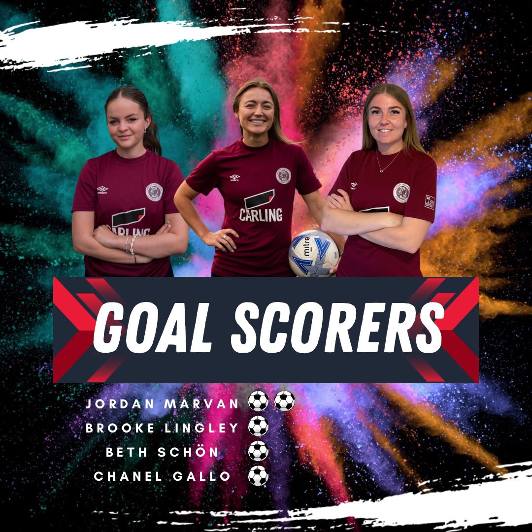 Goals came from:
Jordan Marvan
Brooke Lingley
Beth Schön (first goal for the club)
Chanel Gallo (first game back from injury)