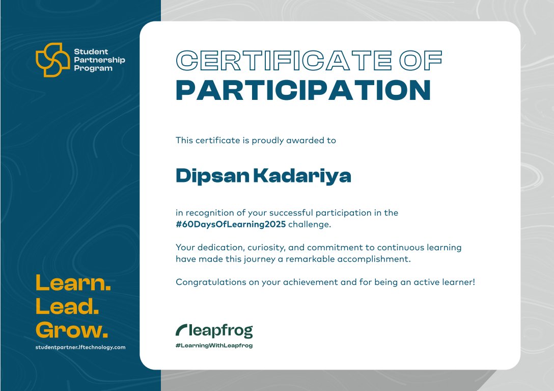 Dipson_kadariya's tweet image. It was a really great learning experience. 
Thank you @lftechnology for providing such opportunity.  

#60DaysOfLearning2025 #LearningWithLeapfrog #LSPP