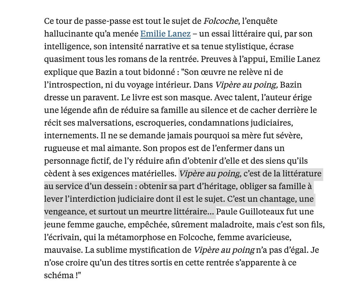 Hervé Bazin : la face sombre de l'auteur de "Vipère au poing" révélée dans un livre-enquête de <a href="/emilie_lanez/">emilie lanez</a>. J'ai appris dans <a href="/lexpress/">L'Express</a> que Bazin était un psychopathe constitutionnel ! Folcoche n'était pas Folcoche ! Bazin a "tout bidonné", manipulateur, faux résistant… Ça fait