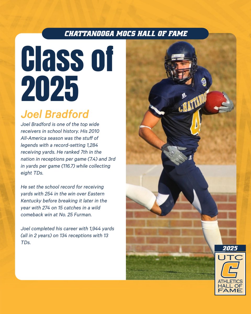Chattanooga Mocs (@gomocs) on Twitter photo It's Hall of Fame Week in the Scenic Cityπ€
1st of 6: <a href="/JoelBradford_4/">Joel Bradford</a> 
π <a href="/SoConSports/">The Southern Conference</a> opener vs The Citadel
ποΈ GoMocs.com/Tickets
<a href="/GoMocsFB/">Chattanooga Football</a> x #ClimbTheMtn It's Hall of Fame Week in the Scenic Cityπ€
1st of 6: <a href="/JoelBradford_4/">Joel Bradford</a> 
π <a href="/SoConSports/">The Southern Conference</a> opener vs The Citadel
ποΈ GoMocs.com/Tickets
<a href="/GoMocsFB/">Chattanooga Football</a> x #ClimbTheMtn