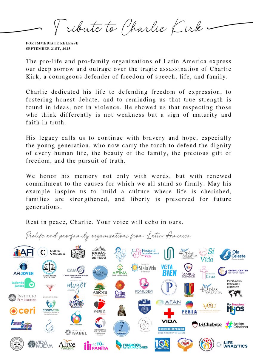 Hoy las organizaciones provida y profamilia de Latinoamérica nos unimos para honrar a Charlie Kirk 🙏✨
Su legado en defensa de la vida, la familia y la libertad nos inspira a seguir adelante.

<a href="/TPUSA/">Turning Point USA</a> <a href="/charliekirk11/">Charlie Kirk</a>