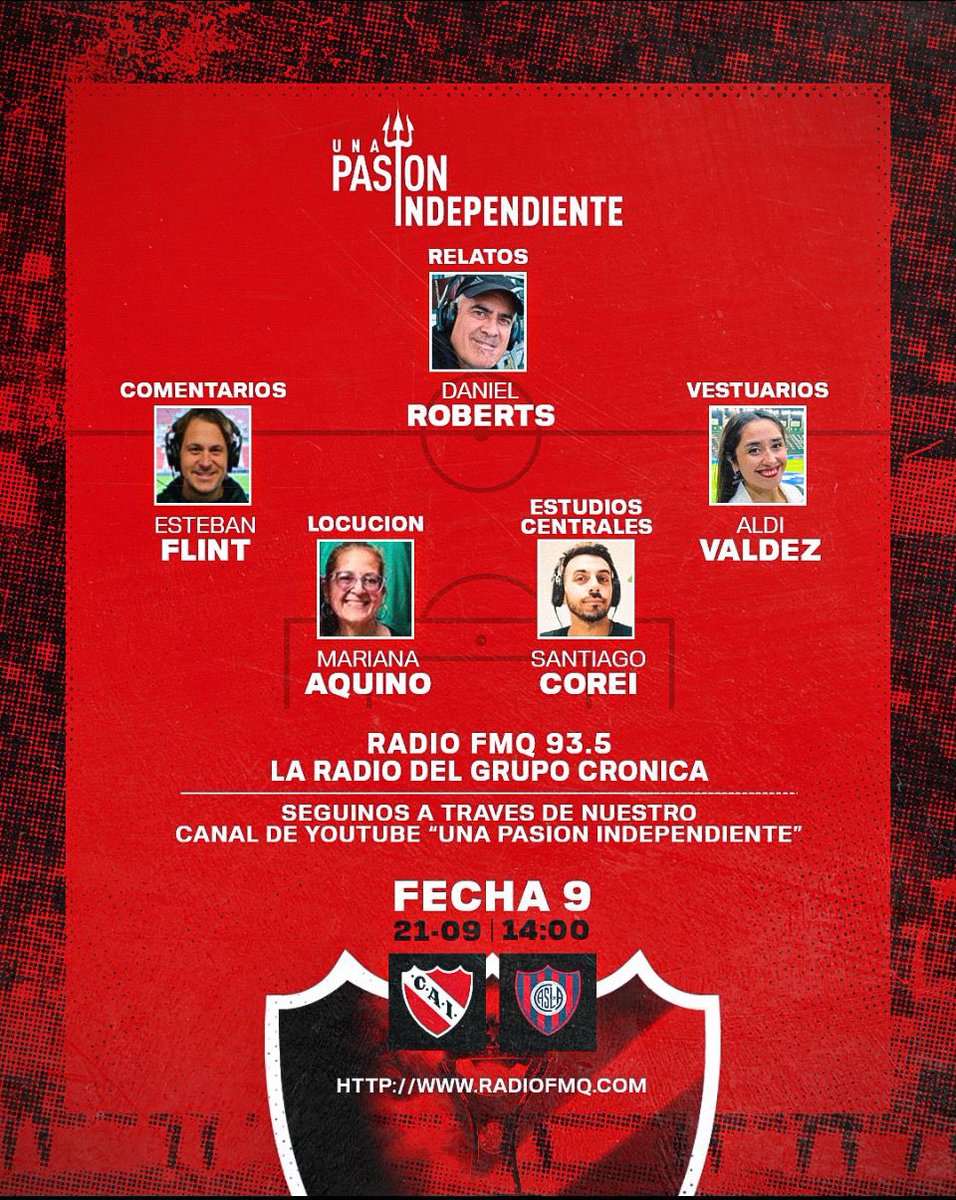 Aire 14hs! 
Independiente- San Lorenzo 
🏆 clausura 2025 - F9 
📻 FM 93.5 <a href="/radiofmq/">Radio FMQ</a> 
🖥️YouTube: Una Pasión Independiente 
👉 m.youtube.com/watch?v=AwBSEb…