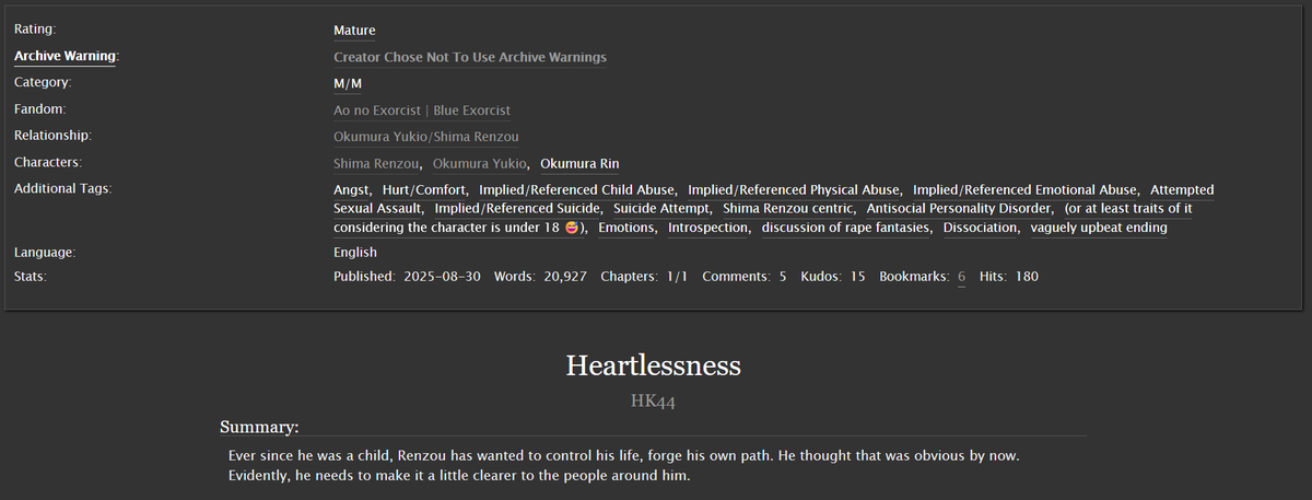HK_Threads's tweet photo. Heartlessness by HK44 - Ao no Exorcist | Blue Exorcist https://t.co/Ix1beTxQwZ via @ao3org https://t.co/CshI3w0Wiy