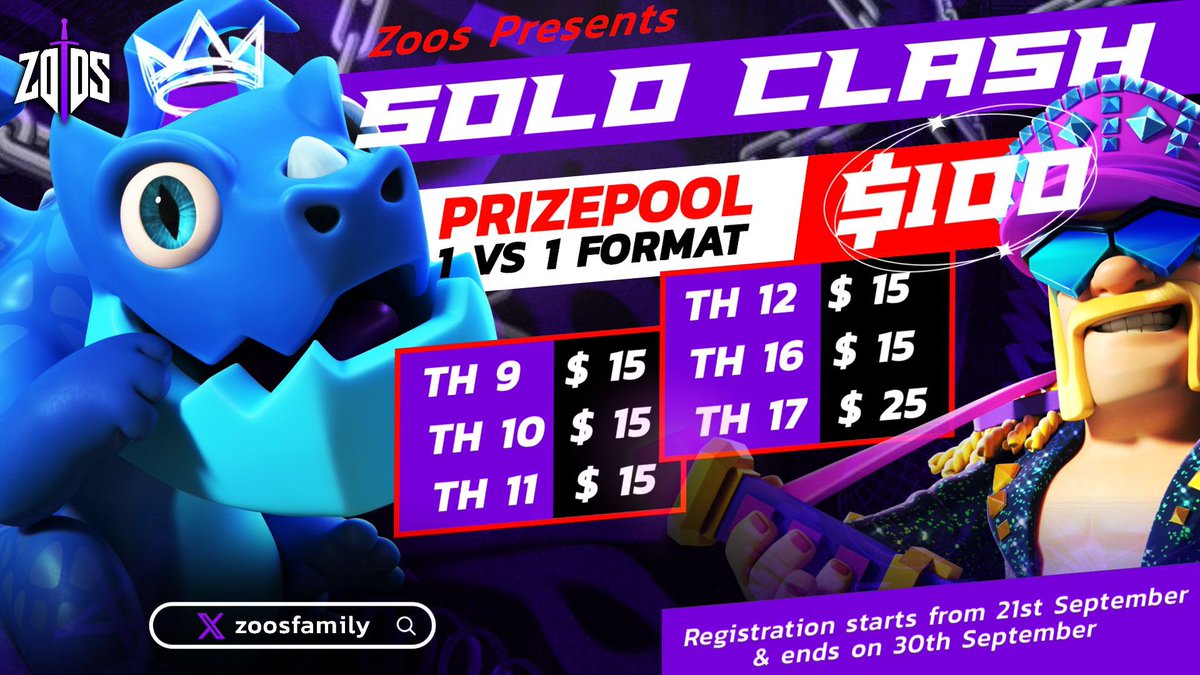 🔥 Zoos Family Presents: SOLO CLASH 🔥

💰 Prizepool: $100
🎯 256 slots per division
🏆 6 divisions
🗓️ Reg: Sep 21 – Sep 30

Show your solo skills &amp; dominate your division! 💪

🔗 Register now : discord.gg/zoosfamily

#ClashOfClans #Esports #SoloClash