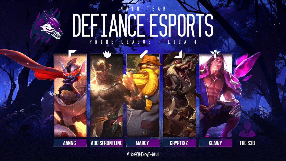 Defiance eSports (@d3fiance_esport) on Twitter photo ‼️ ROSTER ANNOUNCEMENT‼️
Back again - time to prove we can make it to div 3
⚔️ <a href="/Aannglol/">Aanng 🙏🏻</a> 
🌴 <a href="/NickWegner9/">ADC IS FRONTLINE</a> 
🧙♂️ marcy
🔫 <a href="/Jamie_Cryptixz/">larry</a> 
⛑️ <a href="/KKeawy/">Kai Keawy</a> 
💼 <a href="/The_S3B/">seb</a> 
#TogetherWeHunt 🐺💜 ‼️ ROSTER ANNOUNCEMENT‼️
Back again - time to prove we can make it to div 3
⚔️ <a href="/Aannglol/">Aanng 🙏🏻</a> 
🌴 <a href="/NickWegner9/">ADC IS FRONTLINE</a> 
🧙♂️ marcy
🔫 <a href="/Jamie_Cryptixz/">larry</a> 
⛑️ <a href="/KKeawy/">Kai Keawy</a> 
💼 <a href="/The_S3B/">seb</a> 
#TogetherWeHunt 🐺💜