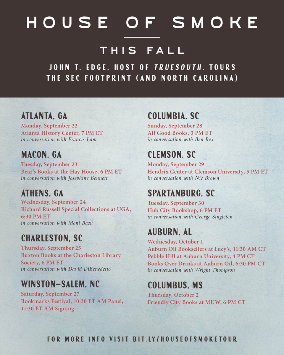 Weeks two and three, on the road for my new book, House of Smoke Join me to talk about complicated families, the complicated South, and ⁦<a href="/TrueSouthTV/">TrueSouth TV</a>⁩