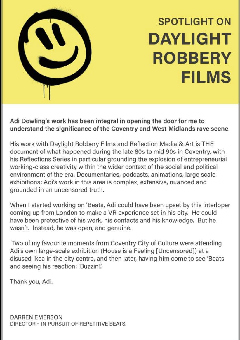 After 4 years of sitting and watching the V.R futuristic masterpiece that is Darren Emersons -' In Pursuit Of Repetitive Beats' grow into a worldwide phenomenon we are proud to get the acknowledgement below. 

#coventryineffect