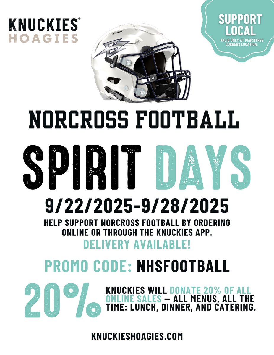 From 9/22-9/28, support your Norcross Football team by ordering from Knuckies Hoagies online or through the app!! 20% goes to the team. Come get the best subs in town and support your Blue Devils!! KnuckiesHoagies.com