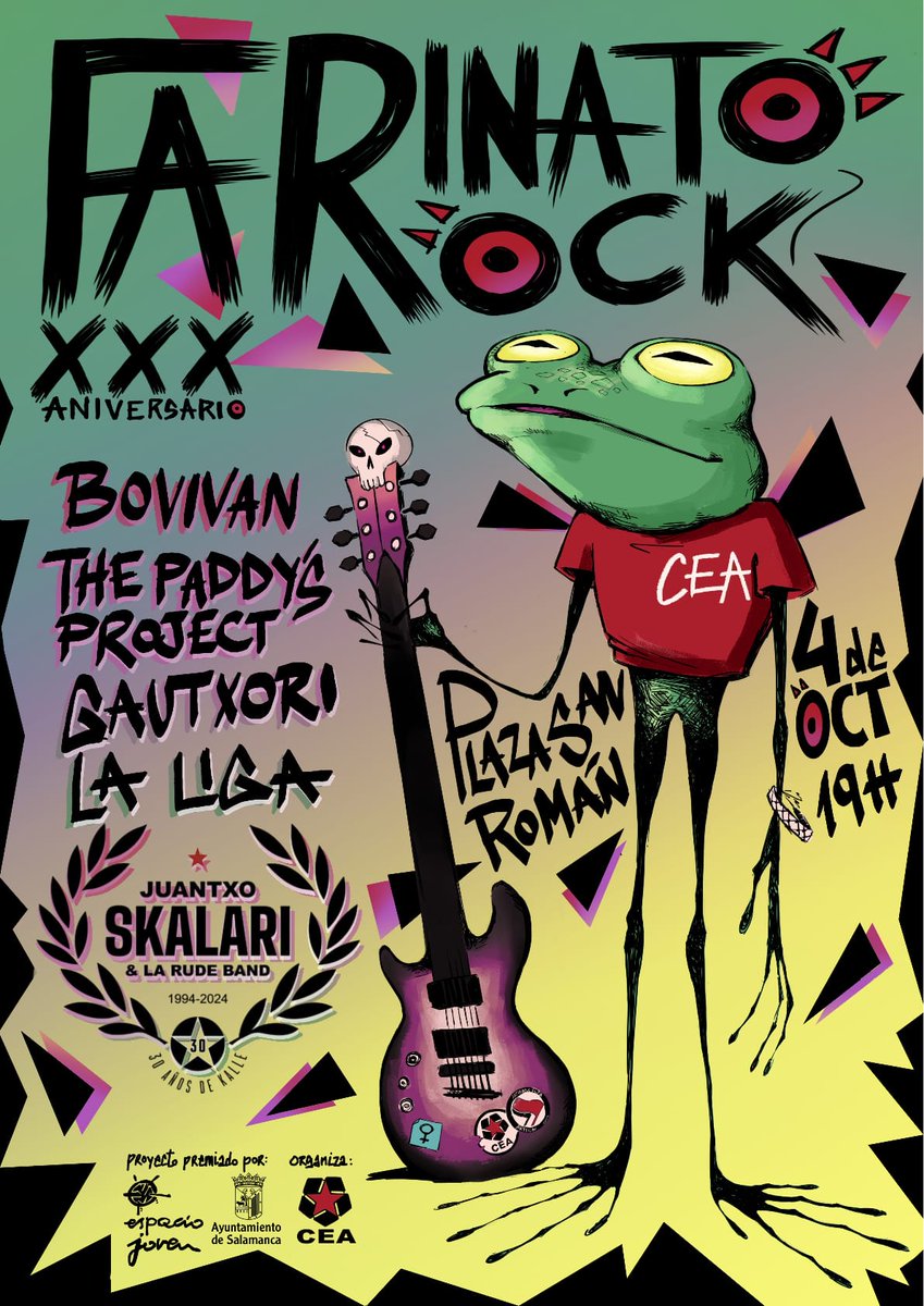 🔥 ¡Ya está aquí el cartel completo del XXX Farinato Rock!

💥 En esta edición, a Juantxo Skalari le acompañarán Bovivan, The Paddy's Project Gautxori y La Liga

✊🏼🐸 Todos ellos tocarán en la en este 30º Farinato Rock, el único festival autoorganizado de la juventud salmantina