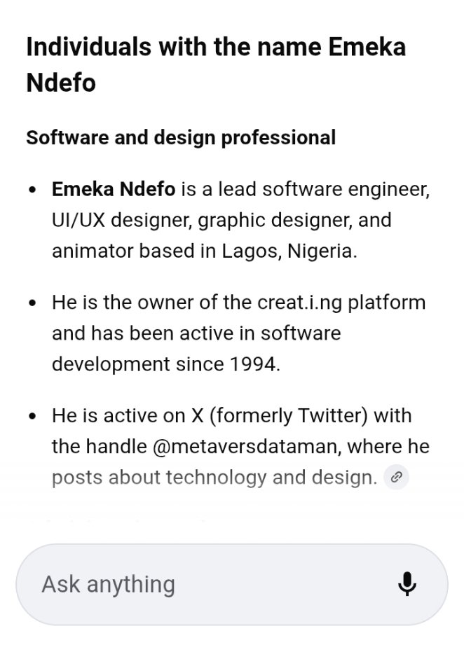 metaversdataman's tweet image. AI search on Emeka Ndefo
5 individuals found in the whole world!

1. Nollywood Actor
2. (Me) Software and design professional
3. Administrative analyst
4. Former UK company director
5. Academic researcher
#dataMan #voidLord