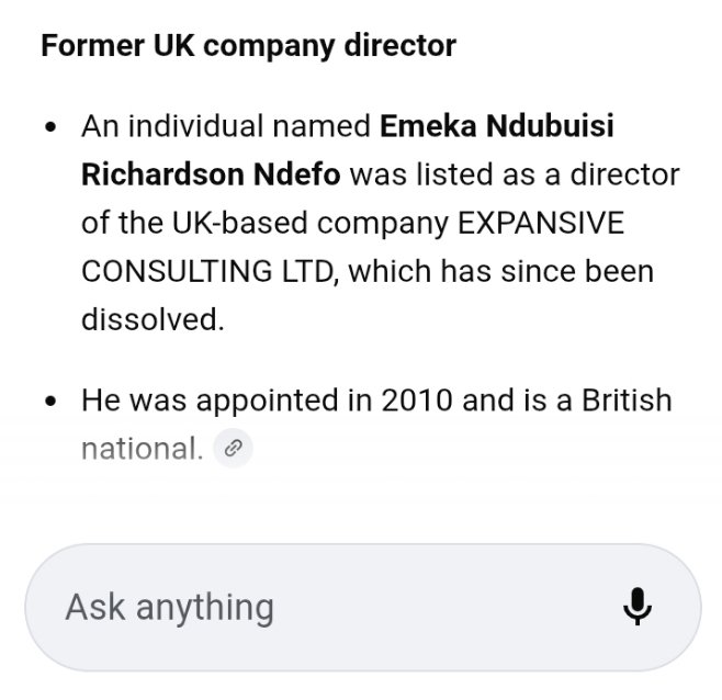 metaversdataman's tweet image. AI search on Emeka Ndefo
5 individuals found in the whole world!

1. Nollywood Actor
2. (Me) Software and design professional
3. Administrative analyst
4. Former UK company director
5. Academic researcher
#dataMan #voidLord