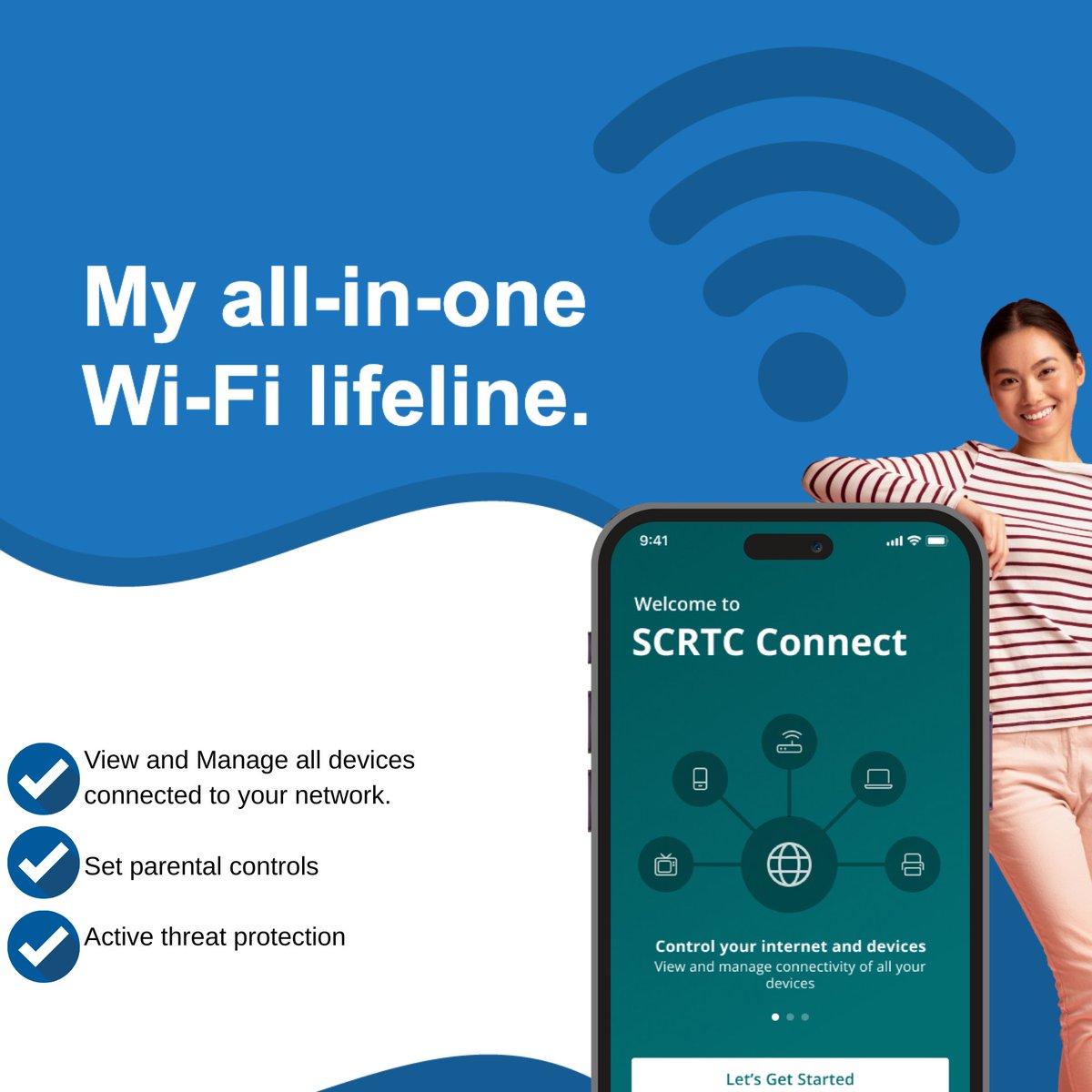 scrtc's tweet image. With SCRTC Connect, you're in control! 💪
✅ Customize your Wi-Fi
✅ Set parental controls
✅ Manage devices connected
All from one app, anytime, anywhere. 📱