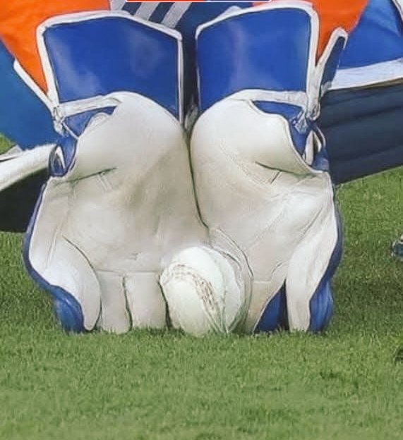 A close-up view of cricket pads and gloves in blue and white, positioned on a grassy field. A cricket ball rests between the pads and gloves. The pads and gloves are worn by Fakhar Zaman, as indicated by the post text.