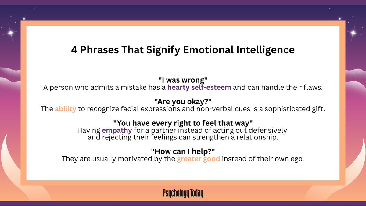 PsychToday's tweet image. Emotionally intelligent qualities—like self-awareness, accountability, social awareness, and empathy—are beneficial not only in the workplace but also in relationships. How many of these communication techniques do you use regularly? psychologytoday.com/us/blog/peacef…