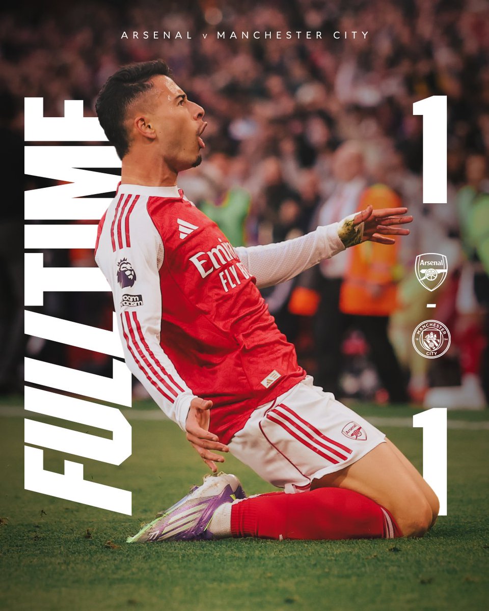 Full Time 🏟

Arsenal 1-1 Manchester City 
Martinelli 90+3' ⚽️
-
Haaland 9' ⚽️

Arsenal benar² mendominasi laga ini tapi Manchester City  bisa mencuri satu poin malam ini. 🤝

#PremierLeague #ManCity #Arsenal