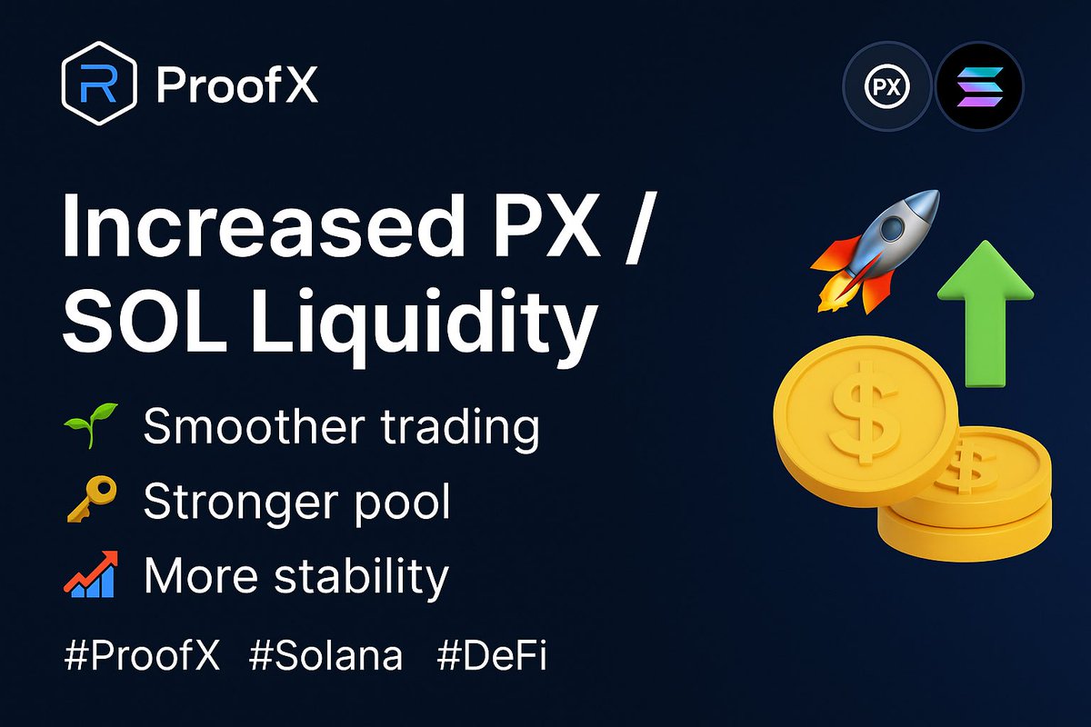 RealProofX's tweet photo. 🚀 ProofX Update 🌱
We boosted liquidity on $PX / $SOL 🔑🔥
→ Smoother trading
→ Stronger pool
→ More stability

This is just the beginning 🌍✨
Become a $PX holder today and grow with us!

#ProofX #Solana #DeFi https://t.co/Qp9oQcGjWr