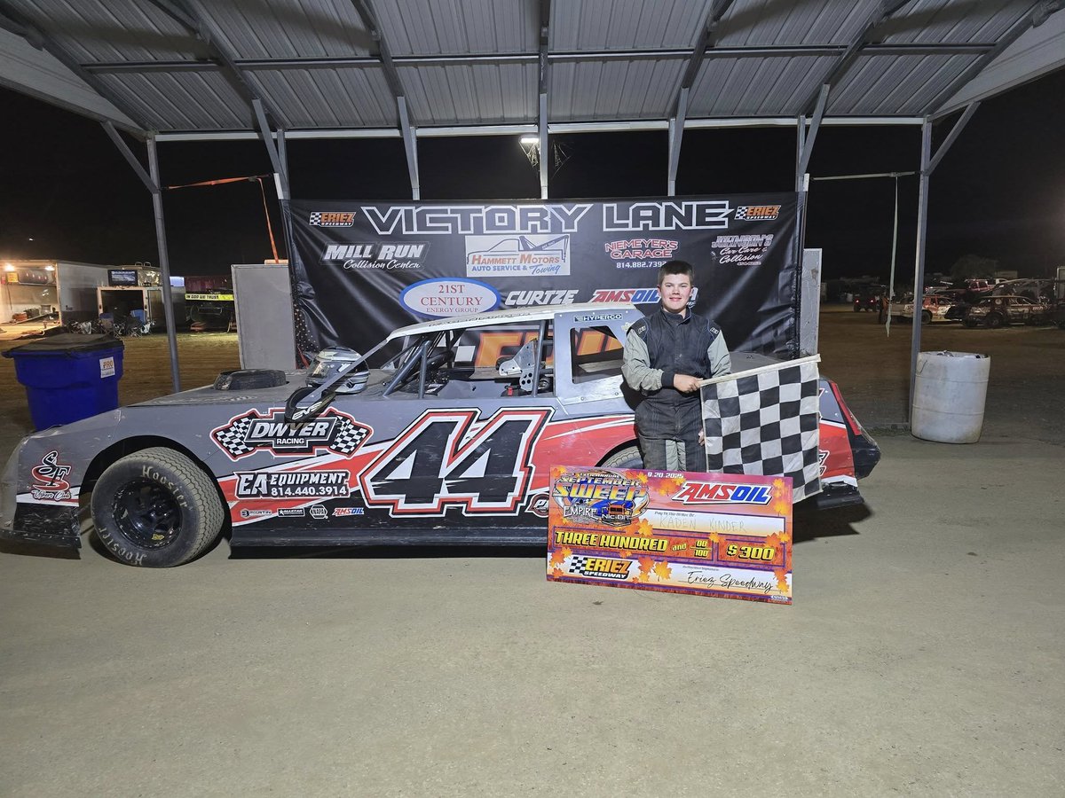 Congrats to 14-year-old Kaden Kinder on his first career <a href="/HovisAutoSupply/">Hovis Auto Supply</a> RUSH Stock Car win on Saturday night <a href="/EriezSpeedway1/">Eriez Speedway</a> over a 16-car field. Kaden becomes the season's 11th different winner!