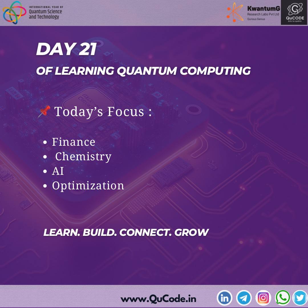 Keshabkjha's tweet image. It's a wrap! 🎉 Day 21 marks the end of an incredible journey with @Qucodes #21DaysOfQuantum Challenge.
From qubits to QML, we've built a strong foundation. Today, we connected it all to real-world applications in Finance, Chemistry, AI, and Optimization. #qucode #quantumjourney
