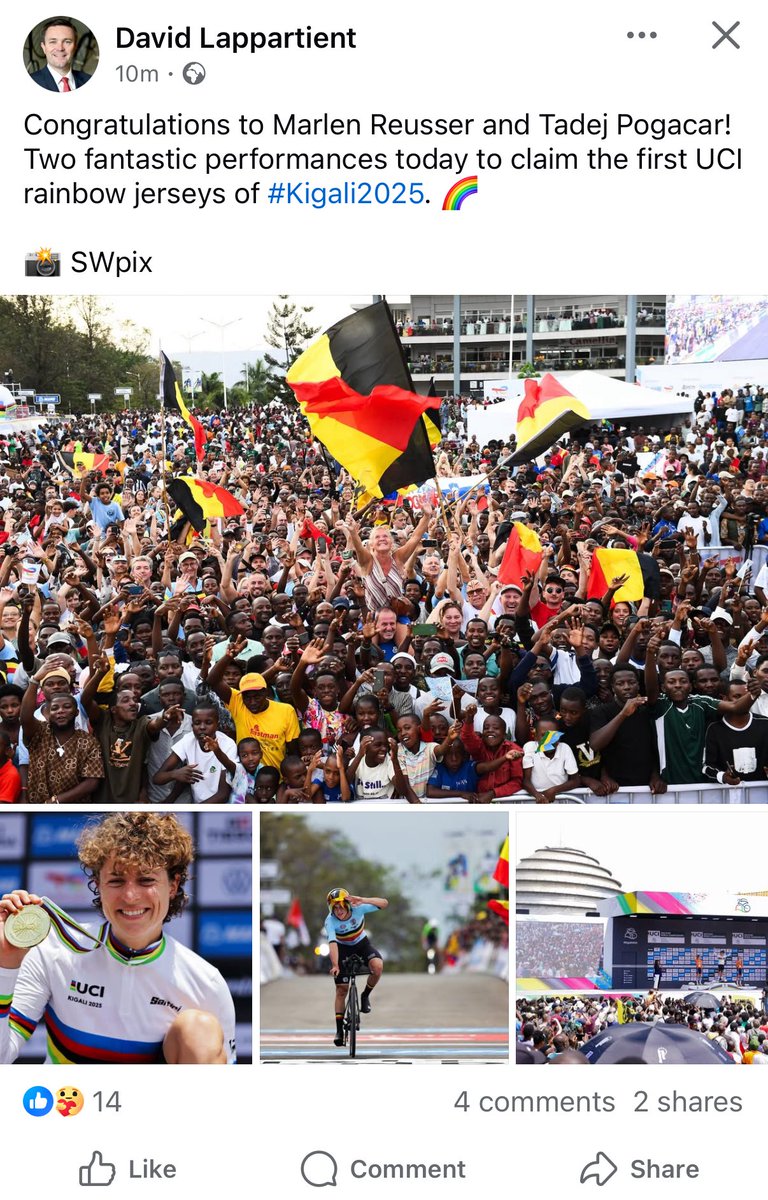 A large crowd holding Belgian and German flags, cheering at an outdoor event. Marlen Reusser and Tadej Pogačar riding bicycles in a race, wearing rainbow jerseys. A modern building with a curved design in the background.