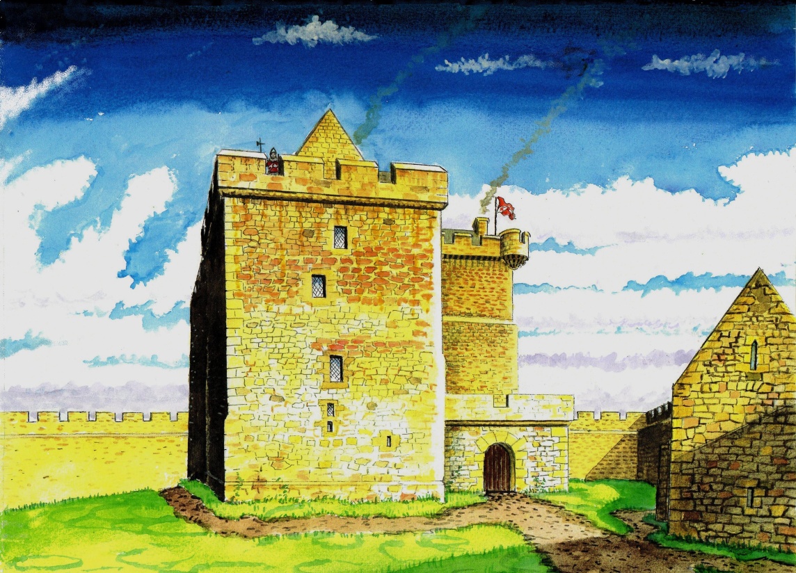Cessford Castle (Scotland) my old watercolour reconstruction. A Kerr family stronghold with backwards turnpike stairs for Left handed defence. Kerrs of Viking stock who favoured Left handed sword use as it confused the enemy. #CessfordCastle