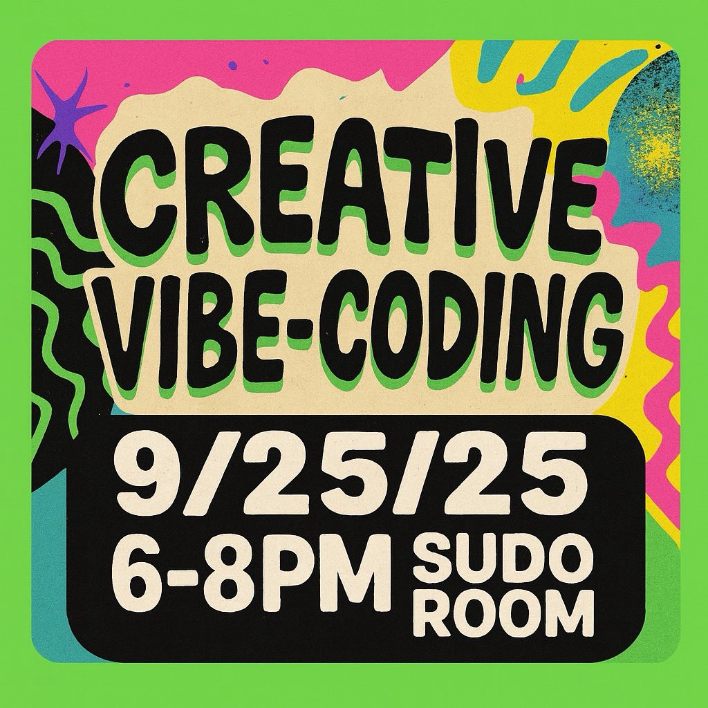 CREATIVE VIBE CODING WORKSHOP AT SUDOROOM! 9:25 Thursday 6pm Led by Zeke Sikelianos, this hands-on workshop will teach you a simple iterative approach to using AI prompts and the p5.js library to create unique generative art. sudoroom.org/9-25-creative-…