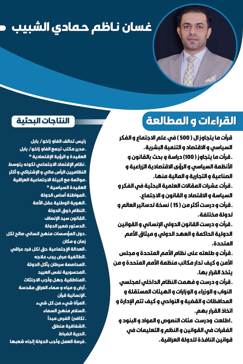 سيرة عراقي بابلي...
غسان الشبيب 
رئيس تحالف الفاو زاخو ـ بابل 
مختص في العلوم السياسية و العلاقات 
#خور_عبدالله_عراقي