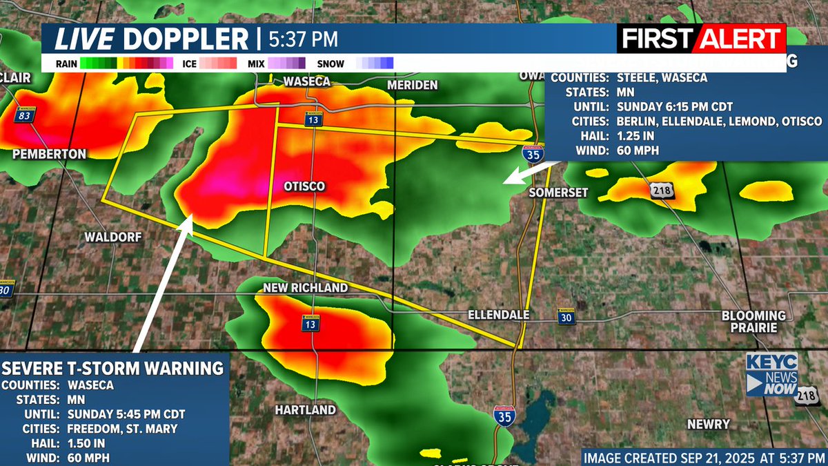 KEYCWeather's tweet image. ALERT: Severe Thunderstorm Warning for the following counties: Steele, Waseca until 9/21 6:15PM