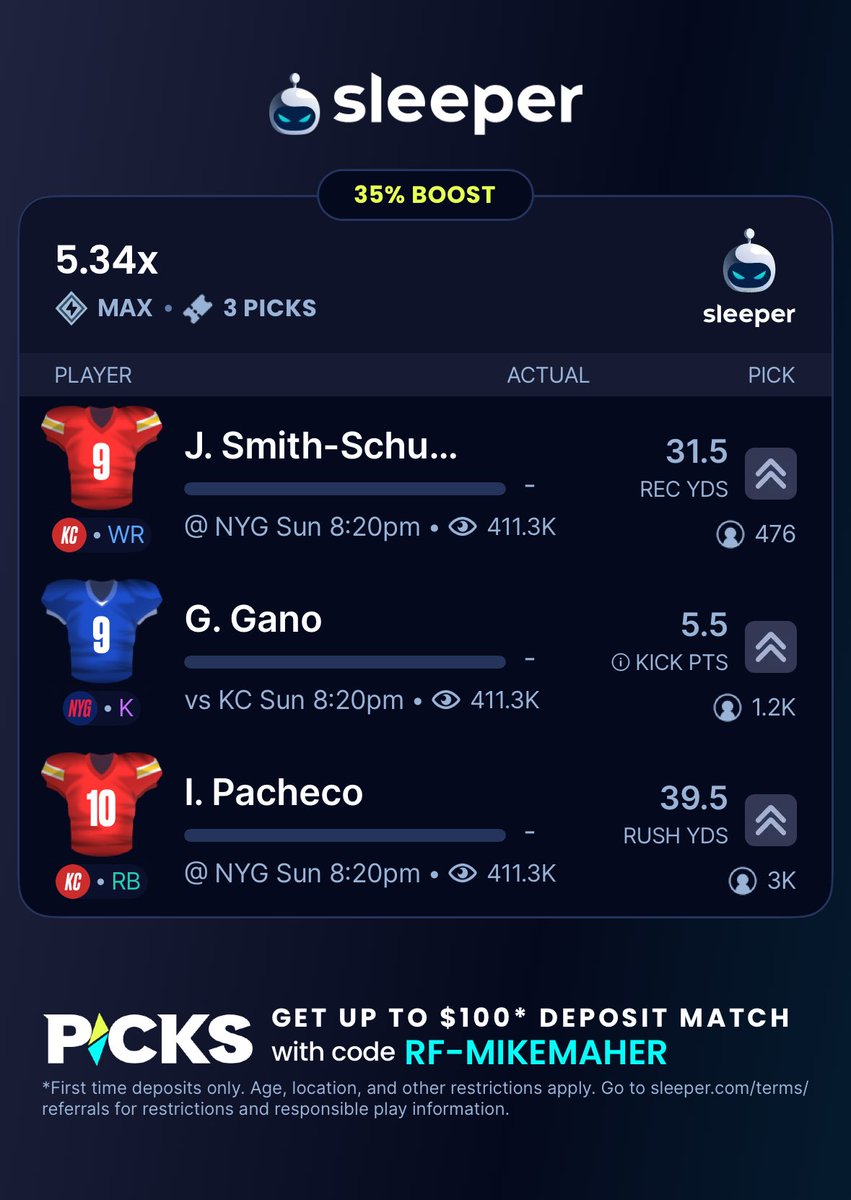 Some Sleeper Picks boosts for tonight/tomorrow.

Sleeper has some pretty terrible payouts, so I usually just stick to the promos and boosts