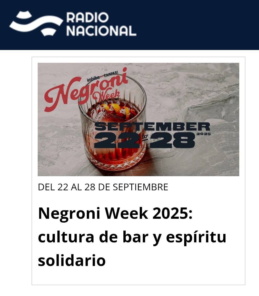 Negroni Week 2025: cultura de bar y espíritu solidario. El consumidor busca conectar desde lo real. Por ello, del 22 al 28 de septiembre, más de 400 bares de todo el país ofrecerán distintos cócteles de autor. Leé más acá 👇🏻  radionacional.com.ar/negroni-week-2…