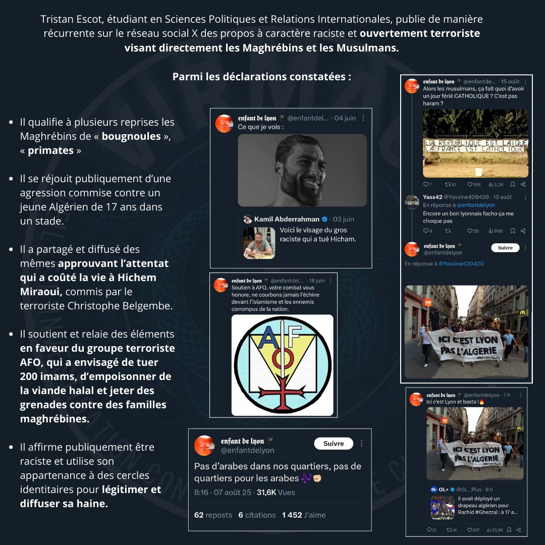 Virmag_'s tweet image. ⚖️ SIGNALEMENT - Tristan Escot (@enfantdelyon), étudiant en Master MASCI, qualifie les Maghrébins et Musulmans de « bougnoules » et soutient des auteurs et groupes terroristes ciblant cette communauté.

Ces appels à la haine représentent une menace grave.

@PoliceNationale