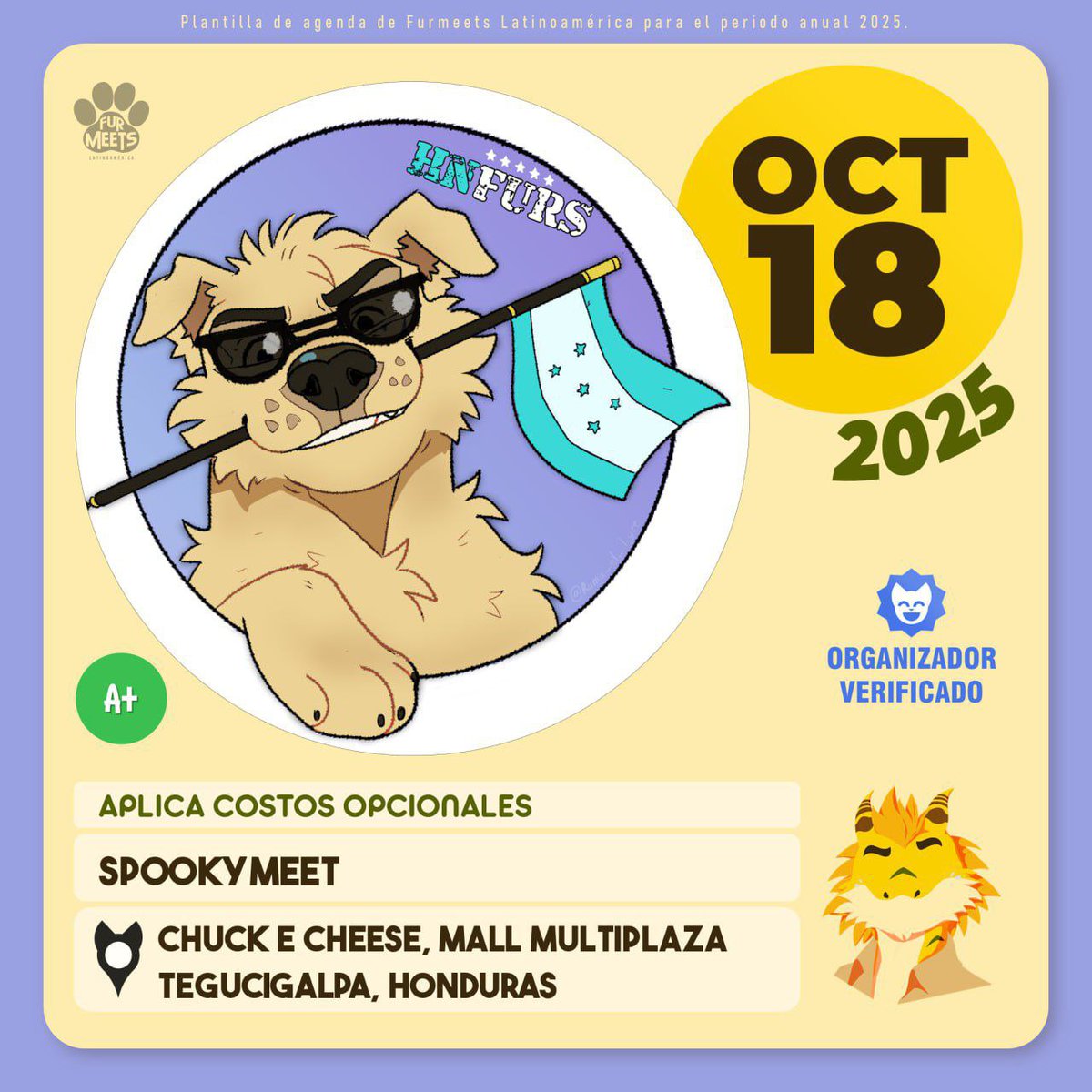 ¡Los furros de Tegucigalpa no nos quedamos atrás con las meets🎉!

Es por eso que él próximo 18 de octubre tendremos una meet en el Chuck e Cheese para poder disfrutar en conjunto del ambiente🐾.

¡Los esperamos 🎃!

PD: sps tendrá su meet el 19 nwn