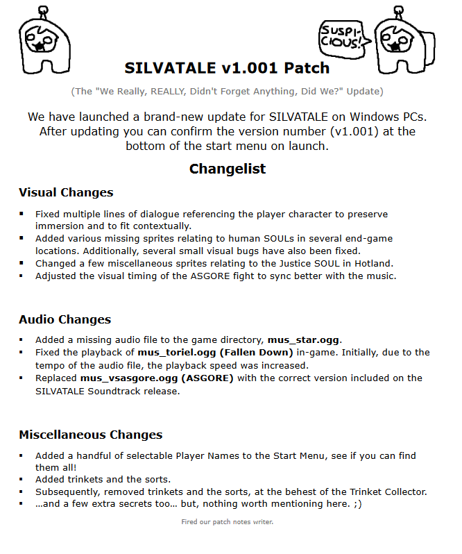 SILVATALE has been updated to version 1.001 on PC. Changes are attached.