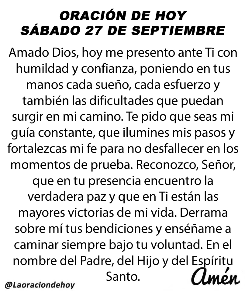Oración diaria para hoy sábado 27 de septiembre de 2025.