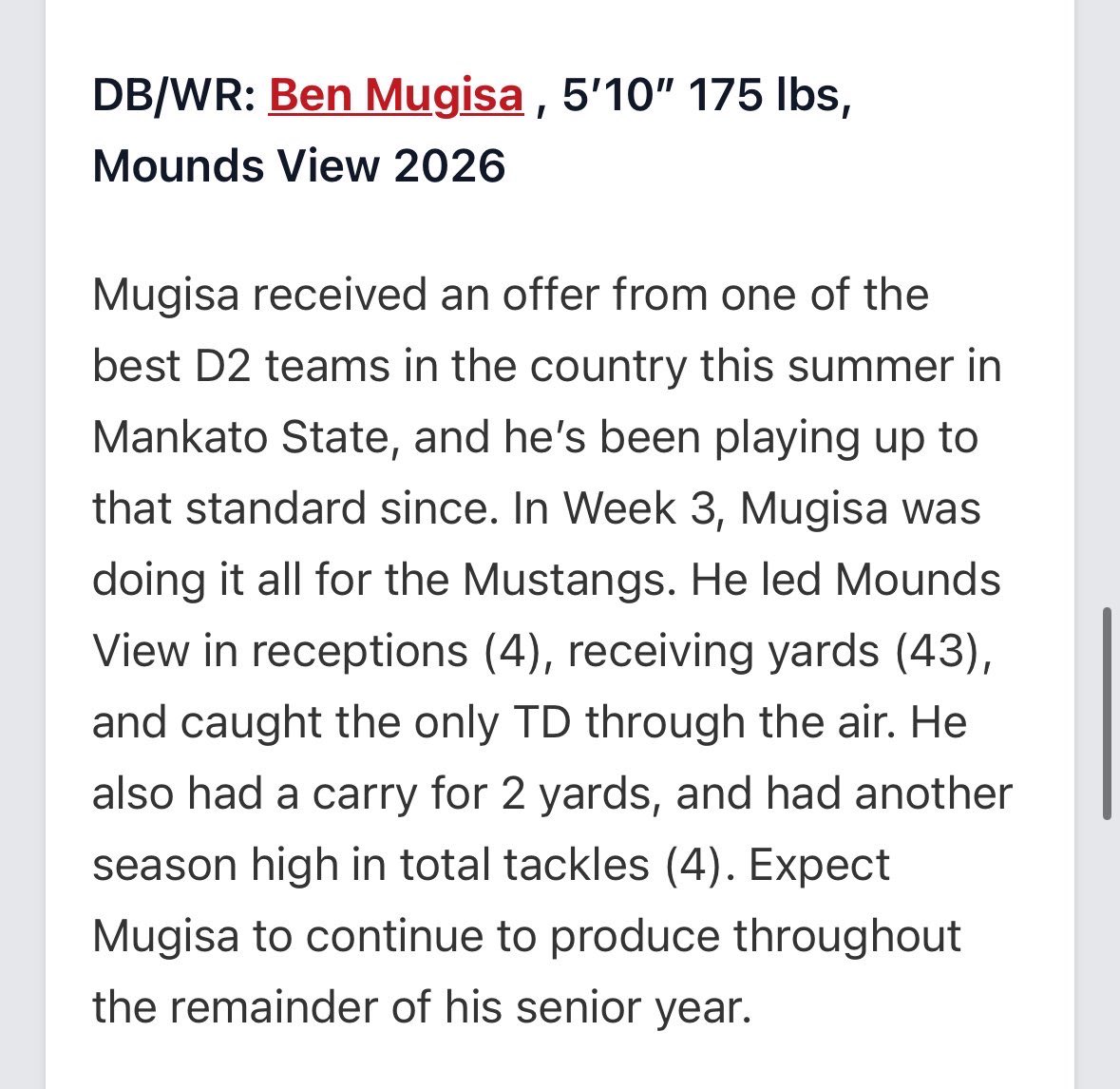 BxnMugisa's tweet photo. Thank you @PrepRedzoneMN for the write up! https://t.co/ps2yJYK4HT