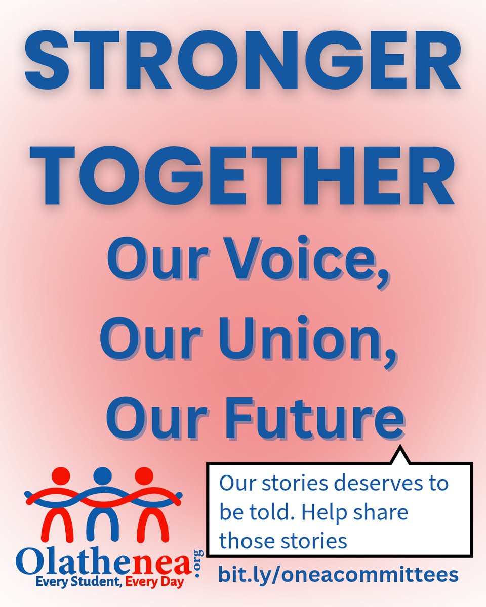 STRONGER TOGETHER: Our story deserves to be told. 📢 The Olathe NEA Communications Team makes sure educators’ and education support professionals’ voices are heard — in our schools, in our community, and beyond.

Show your interest by going to bit.ly/oneacommittees
