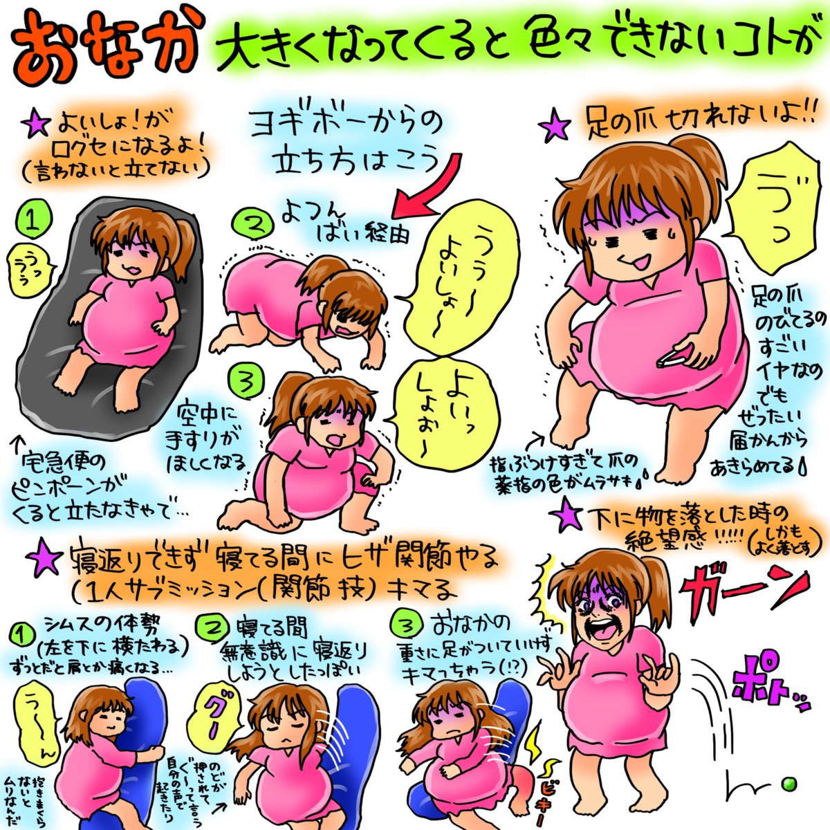 shoko55mmts's tweet image. 時間あるうちに絵日記描きためるよ
おなか大きくなると大変と思ったことを描きました!
眠れない以外は血圧、張り、むくみ合格で良い入院ライフです!がんばる!