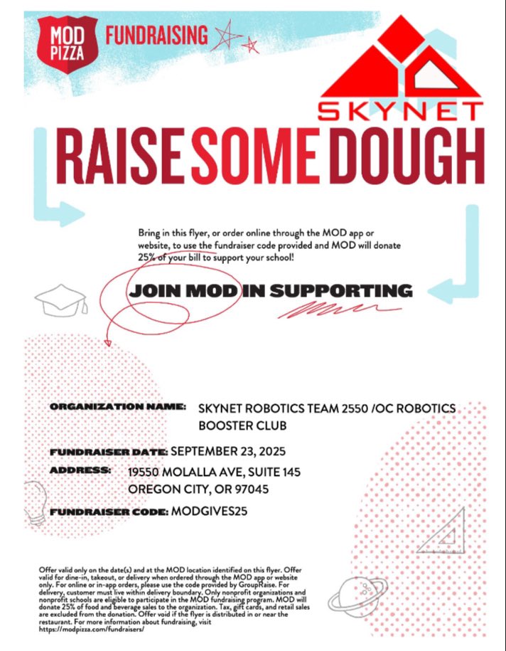 Skynet_Robotics's tweet image. Come join us this Tuesday for some pizza!🍕25% of your order will go towards our team and making a robot that is worth of competition. MOD is holding a competition of whoever makes the most money from their fundraiser will earn another $1,000 dollars, help us reach that top spot!