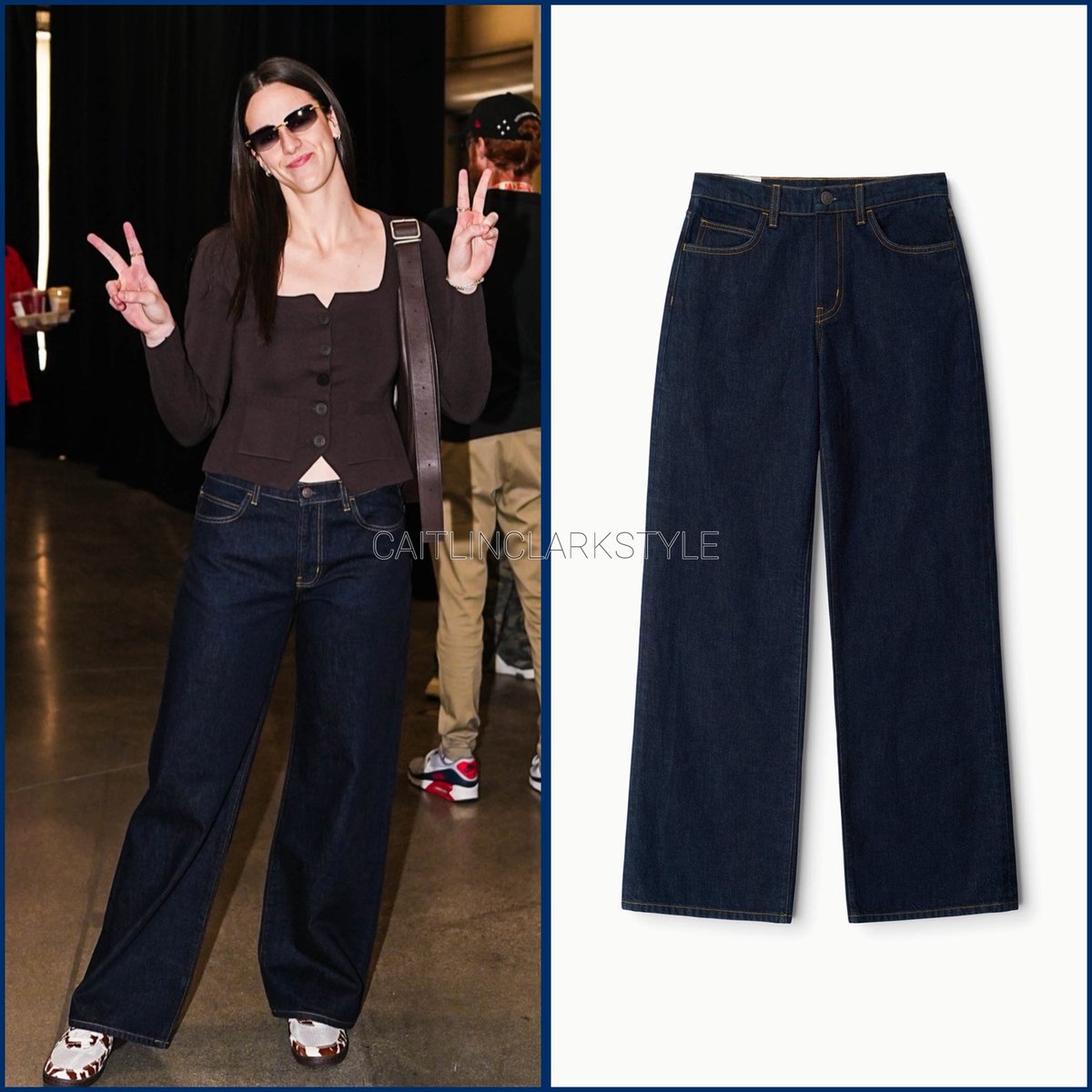 's tweet image. September 21, 2025: @CaitlinClark22 at Fever vs Aces | Las Vegas, NV | wearing #STAUD Gus Relaxed Indigo Jeans. Shop: $265 go.shopmy.us/p-25879680 #StaudPartner 

I love Caitlin in a lower mid-rise jean 🤎 The Gus Jean from STAUD nails the fit.
