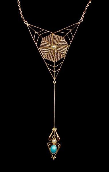 Art Nouveau style spider web necklace made by Murrle Bennett &amp; Co. between 1900 and 1910.
